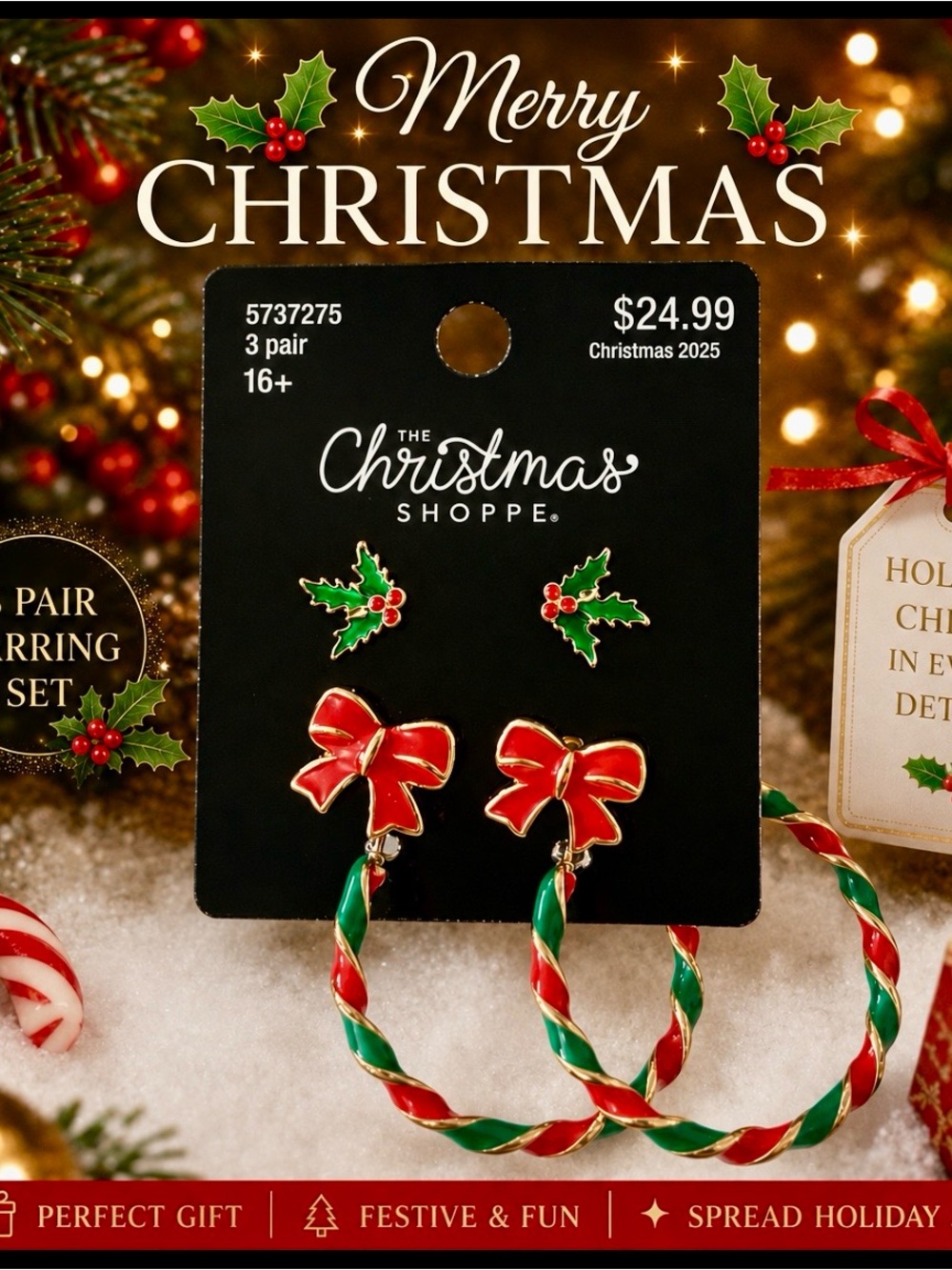 Red & Green Bow Hoop Earrings Set